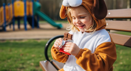 Happy young girl in a playful puppy dog costume sitting on a park bench, smiling while unwrapping a chocolate bar. outdoor scene with playground in background.の素材