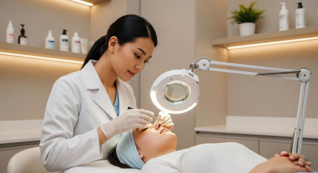 Female dermatologist in white coat and gloves performs a precise skincare treatment on a woman face under a magnifying lamp in a modern clinic setting.の素材
