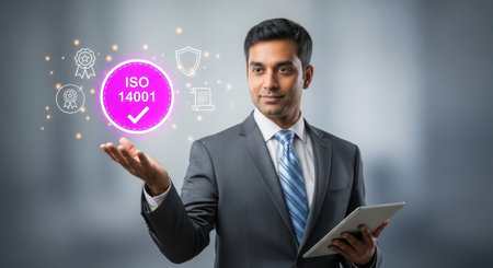 Professional businessman in a suit presenting a glowing ISO 14001 certification icon, surrounded by symbols for quality, compliance, and environmental management system standards.の素材