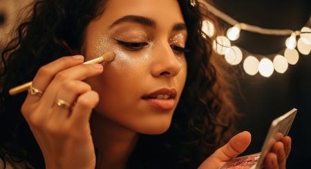 Young woman applying sparkling glitter makeup to her face with a brush, preparing for a festive event with warm string lights in the background.の素材