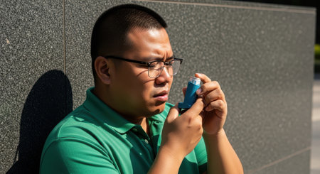 Asian man in a green shirt and glasses uses a blue asthma inhaler outdoors, leaning against a dark wall, managing a respiratory condition.の素材
