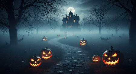 Haunted house with glowing windows, bare trees, and numerous jack o lanterns line a winding path under a full moon on a foggy halloween night.の素材