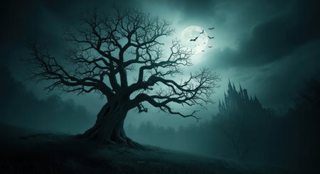 Gnarled leafless tree on a misty hill, silhouetted against a full moon with flying bats. dark gothic castle in the distance, creating a spooky, mysterious atmosphere.の素材