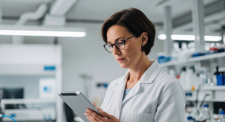 Professional female scientist in a white lab coat intently reviewing data on a digital tablet within a modern laboratory setting.の素材