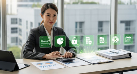 Professional asian businesswoman at a modern office desk, surrounded by digital finance, data, and security icons, using a calculator for financial management.の素材