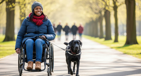 Smiling black woman in a wheelchair walking her black labrador dog on a sunny tree lined path in a park, enjoying outdoor activity.の素材
