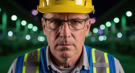 Focused middle aged man wearing a yellow hard hat, safety vest, and glasses, looking directly at the camera. blurred industrial lights create a bokeh effect in the dark background, conveying professionalism and dedication.の素材