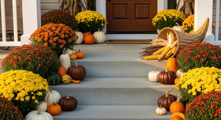 Front porch decorated for thanksgiving with colorful autumn mums, various pumpkins, gourds, and a cornucopia filled with harvest elements.の素材