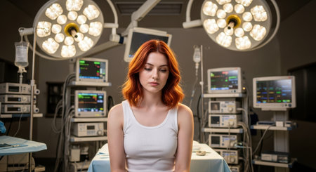 Young woman with red hair wearing a white tank top, sitting in a hospital operating room. surrounded by surgical lights, medical monitors, and equipment, conveying themes of health, anxiety, and care.の素材