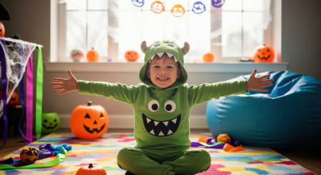 Smiling child in a vibrant green monster costume with outstretched arms, sitting on a colorful rug amidst festive halloween decorations and pumpkins.の素材