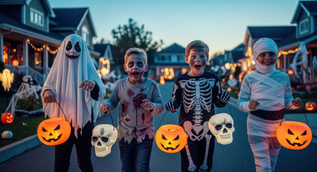 Four children dressed as a ghost, zombie, skeleton, and mummy trick or treating with pumpkin and skull buckets on a halloween decorated street.の素材