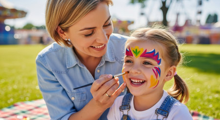 Smiling mother painting colorful designs on her happy young daughter face outdoors, enjoying a fun family day at an event.の素材