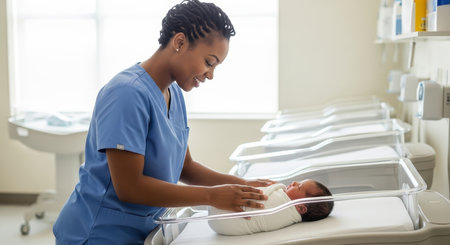 African american nurse in blue scrubs gently places a swaddled newborn baby into a hospital bassinet in a brightly lit nursery.の素材
