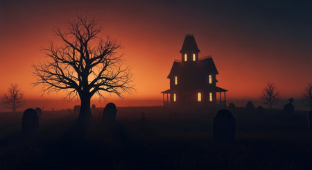 Haunted house with glowing windows, silhouetted bare tree, and tombstones in a foggy graveyard against an orange and black sunset sky, evoking a spooky halloween atmosphere.の素材