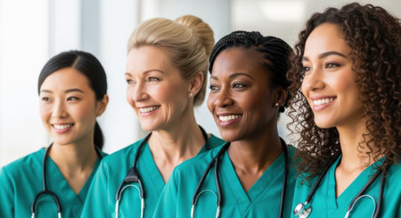 Diverse group of four smiling female healthcare professionals wearing green scrubs and stethoscopes, looking confidently to the side. represents teamwork, care, and medical expertise.の素材