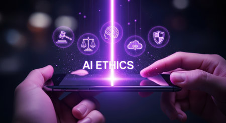 AI ethics concept displayed on a smartphone screen, with hands interacting with glowing digital icons representing law, justice, intelligence, data, and security.の素材