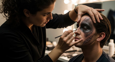 Woman makeup artist meticulously applies dramatic theatrical scar makeup to a man face. detailed application creates a realistic, eerie effect for a performance or halloween.の素材