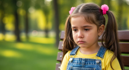 Little girl with brown pigtails and pink hair ties sitting on a park bench, looking sad and crying with a tear on her cheek. emotional moment in a green outdoor park.の素材