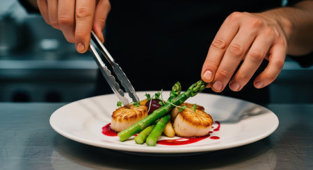Chef hands meticulously plating seared scallops with green asparagus and red sauce on a white ceramic plate in a professional kitchen setting, showcasing culinary expertise and fine dining preparation.の素材