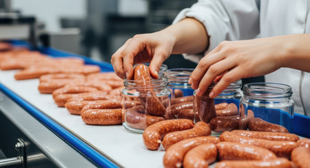 Worker hands carefully placing fresh sausages into glass jars on a conveyor belt in a modern food processing plant.の素材
