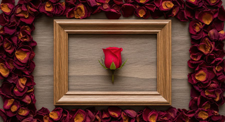 Vibrant red rose bud centered in a rustic wooden picture frame, surrounded by a border of dried red rose petals on a natural wood surface, symbolizing love and memory.の素材