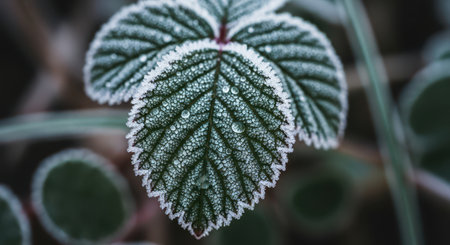 Green leaf covered in delicate white frost crystals and sparkling water droplets, captured in a detailed macro shot.の素材