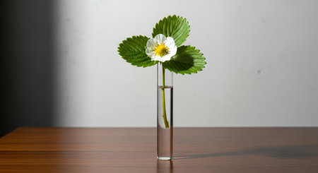 Delicate white strawberry flower with green leaves in a glass test tube on a wooden table, illuminated by natural light creating soft shadows. botanical study concept.の素材