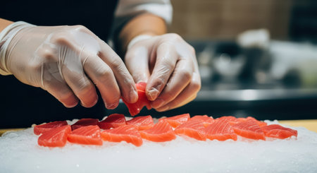 Chef gloved hands meticulously arrange vibrant red tuna slices on crushed ice, showcasing fresh seafood preparation for a gourmet dish.の素材