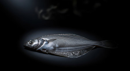 Fresh silver fish with detailed scales resting on a dark surface, illuminated by dramatic studio lighting, creating a high contrast visual.の素材
