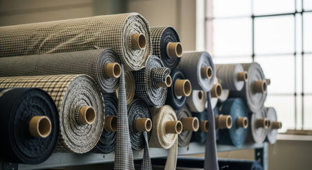 Neatly stacked rolls of various patterned and textured fabrics on a metal shelf in a textile manufacturing facility, showcasing material variety.の素材