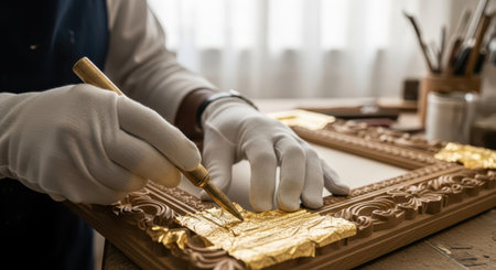 Artisan gloved hands meticulously applying gold leaf to an ornate, carved wooden picture frame, showcasing traditional gilding technique in a workshop setting.の素材