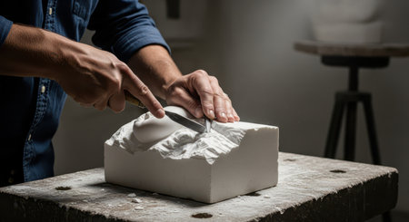 Sculptor hands meticulously carving a white marble block with a chisel, creating a detailed artwork in a professional studio.の素材