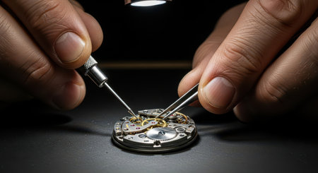 Watchmaker hands meticulously assembling the intricate gears and components of a mechanical watch movement using specialized tools under focused light, highlighting precision craftsmanship.の素材