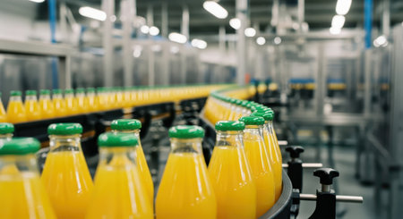 Vibrant orange juice bottles with green caps moving along an automated conveyor belt in a modern beverage production factory, showcasing industrial food processing and efficiency.の素材