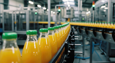 Orange juice bottles with green caps move along an automated conveyor belt in a modern beverage production factory, showcasing industrial efficiency and food manufacturing.の素材