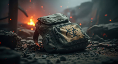 Tattered military style backpack with a faded biohazard symbol lying on debris in a dark, smoky, post apocalyptic landscape with distant fire.の素材