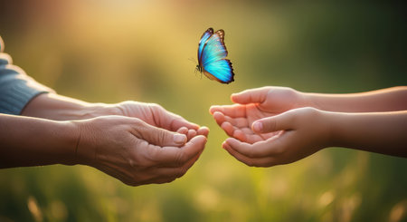 Elderly and child hands gently releasing a vibrant blue butterfly. symbolizing freedom, hope, and generational connection in a soft, sunlit natural environment.の素材