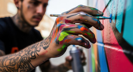 Male street artist hand, covered in vibrant paint, holding a small brush to add details to a colorful urban graffiti wall. focus on creativity and artistic expression.の素材