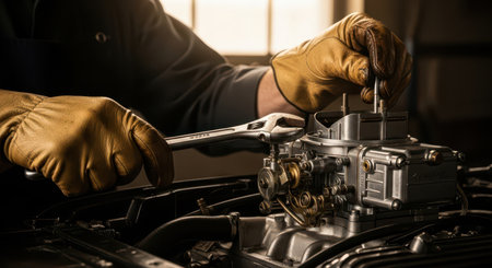 Close up of a mechanic gloved hands meticulously working on a car engine carburetor with a wrench, highlighting automotive repair and maintenance.の素材