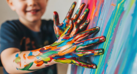Young boy hands covered in vibrant, multi colored paint, pressing against a canvas with abstract brushstrokes. focus on creativity, childhood, and artistic expression.の素材