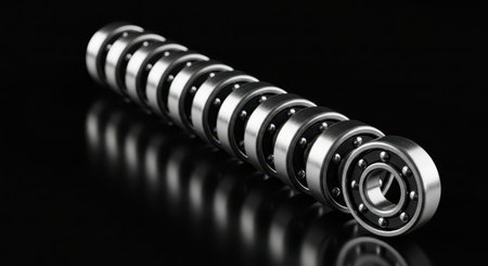 Multiple shiny metal ball bearings perfectly aligned in a straight row on a dark, reflective surface, showcasing industrial precision and mechanical detail.の素材