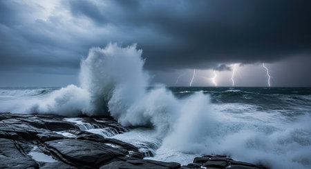 Powerful stormy ocean with massive waves crashing against rugged rocks under a dark, cloudy sky with distant lightning strikes.の素材