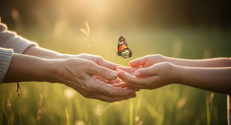 Elderly hands and child hands gently releasing a butterfly in a sunlit natural field, symbolizing care, freedom, and generational connection.の素材