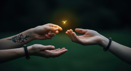 Two hands, one with a tattoo, gently release a glowing firefly into the open palm of another hand, set against a dark, natural background. symbolizes freedom, hope, and connection.の素材