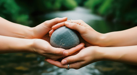 Two pairs of hands gently hold a smooth grey river stone. blurred natural stream background emphasizes connection to nature, environmental care, and peace.の素材