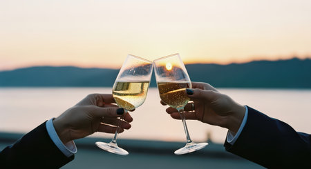 Hands clinking champagne glasses filled with sparkling wine, set against a vibrant sunset over a calm body of water, symbolizing celebration and success.の素材