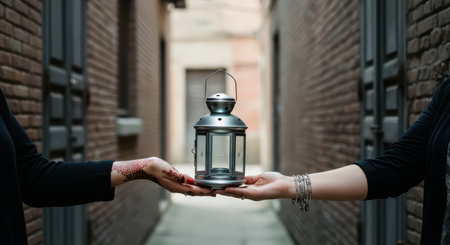 Two hands, one with henna and the other with bracelets, carefully holding a vintage silver lantern in a narrow brick alleyway.の素材