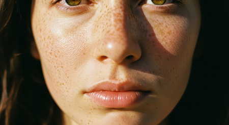 Woman face with natural freckles and green eyes, illuminated by soft sunlight, highlighting skin texture and unique features.の素材