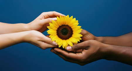 Interracial hands gently holding a vibrant yellow sunflower against a plain blue background, symbolizing unity, diversity, and care for nature.の素材