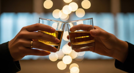 Hands clinking glasses filled with amber liquid in a toast, symbolizing celebration, success, and friendship with warm bokeh lights.の素材